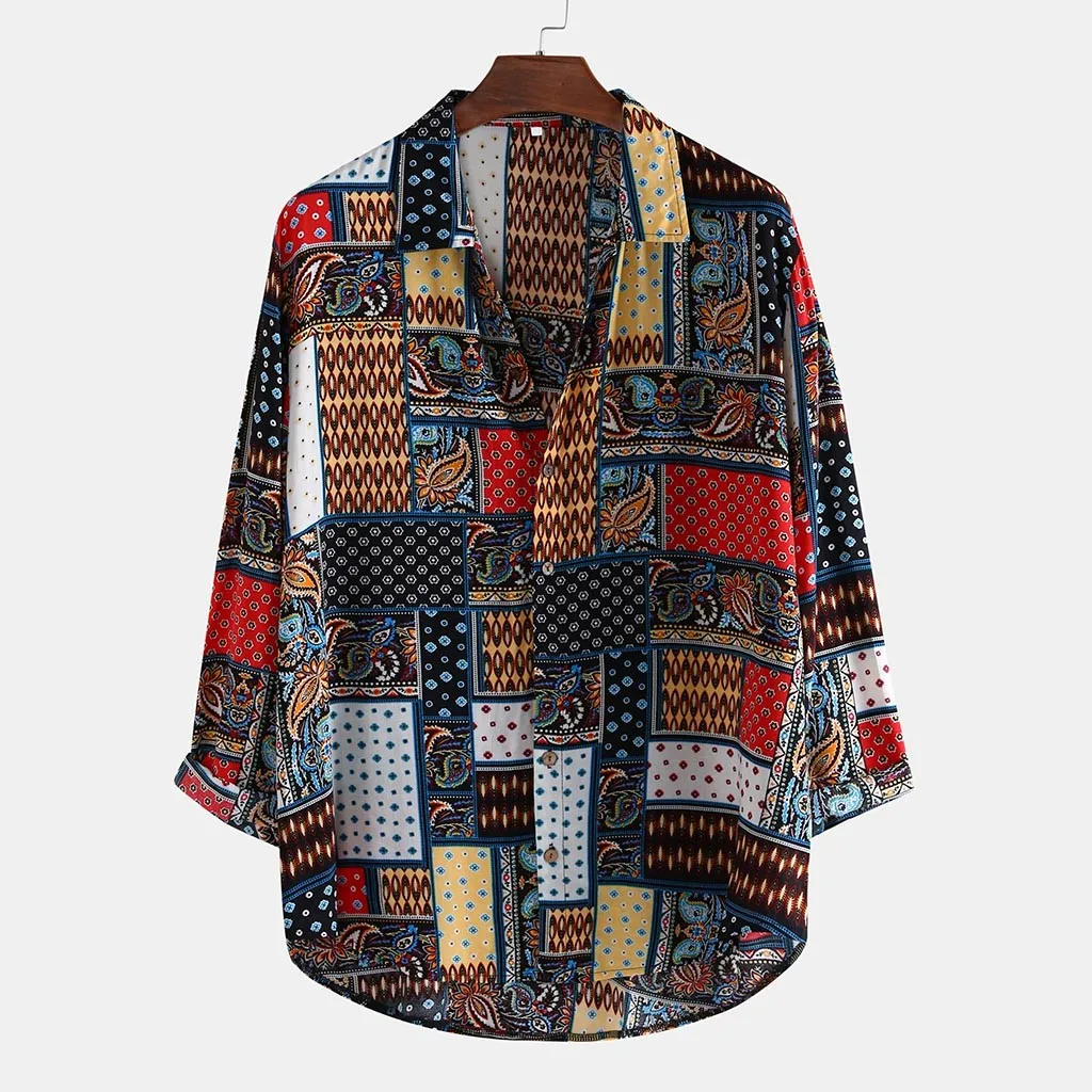 

Mens Hawaiian Shirt Male 2020 vintage Ethnic Style Printing Loose Long Sleeve Stand Collar Casual Shirt Chemises Homme Size 3XL