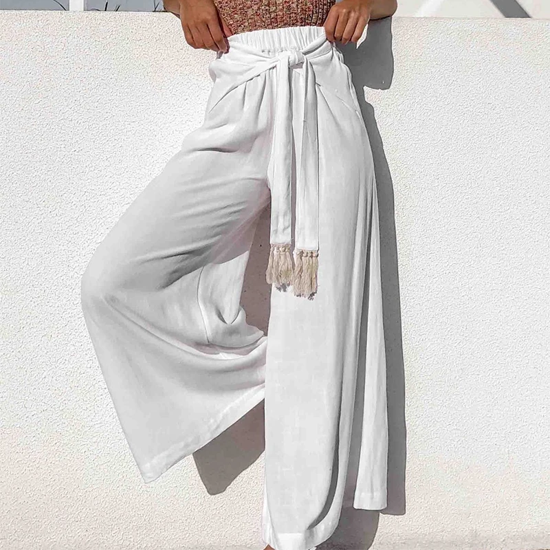 Широкие брюки в полоску для женщин, высокая талия, пояс с кисточками, повседневные брюки, уличная одежда, цветочный принт, повседневные летние пляжные брюки для женщин - Цвет: White