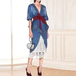 Высокое качество Новые 2019 Дизайнер взлетно посадочной полосы костюм комплект для женщин рюшами джинсовые топы кружево ЮБК