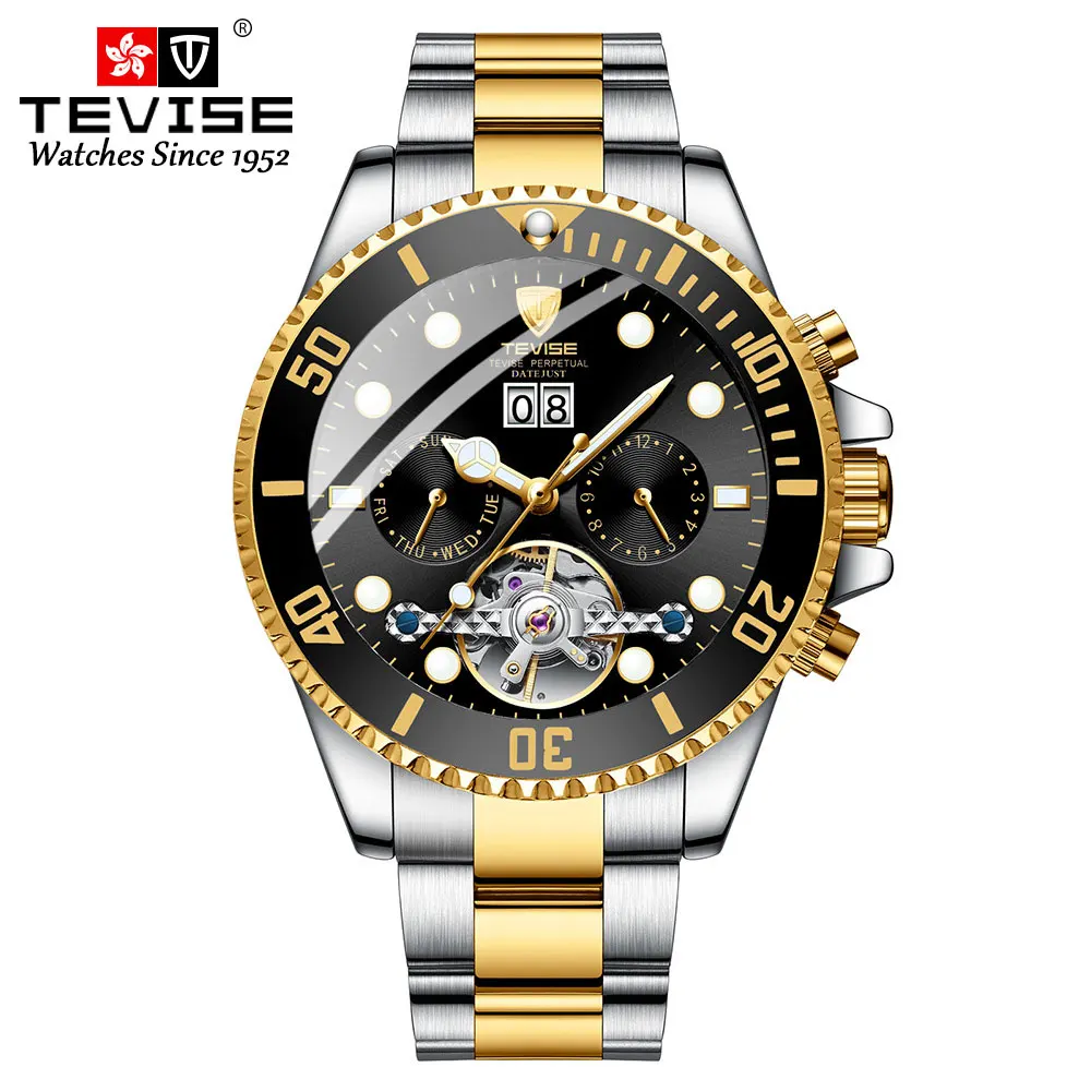 TEVISE Топ люксовый бренд для мужчин нержавеющая сталь Скелет часы для мужчин водонепроницаемый автоматические механические наручные часы Relogio Masculino - Цвет: gola black
