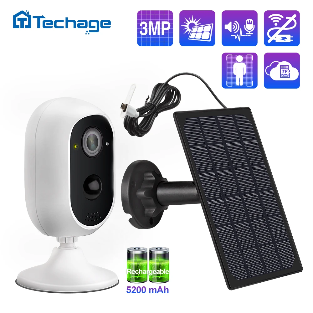Techage 3mp Solar Panel Battery Wifi Ip Camera Two Way Audio Outdoor Hd