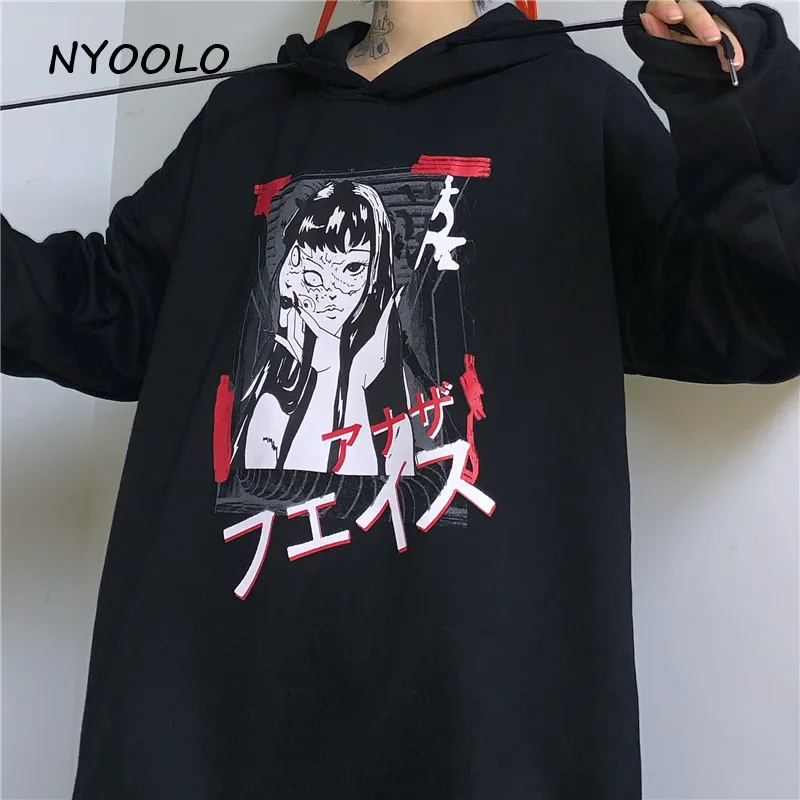 NYOOLO Harajuku стиль аниме девушка буквы печати свободные толстые теплые толстовки осень зима с капюшоном Пуловеры Толстовка для женщин мужчин топы - Цвет: Черный
