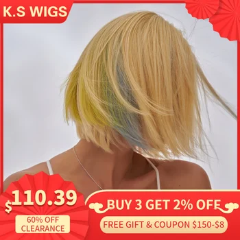 

K.S WIGS 10'' Short Bob Lace Front Wig Ombre Blond Rainbow Remy Straight Pre-Plucked Natural Hairline Wigs 150% Density