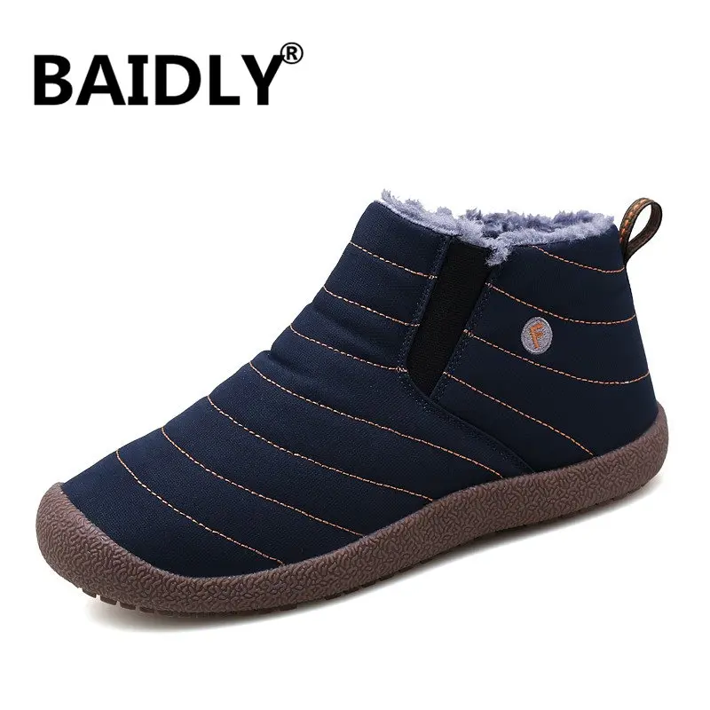 DARK BLUE Модные зимние мужские ботинки; водонепроницаемые удобные зимние ботинки; Теплые ботильоны на меху для влюбленных; Мужская обувь; большие размеры - Цвет: DARK BLUE