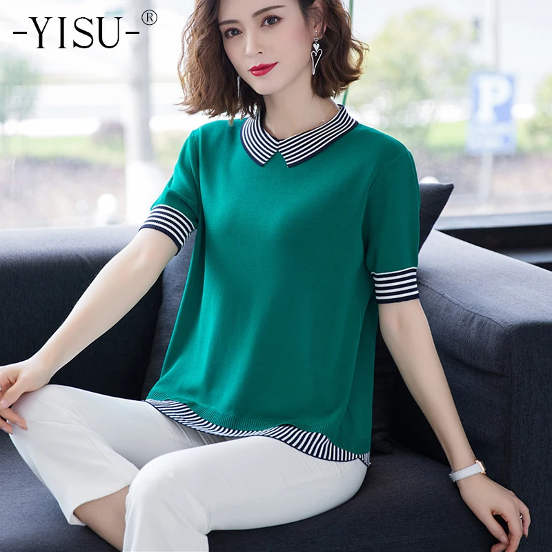 YISU de alta calidad de las mujeres de 2020 Camiseta de manga corta de verano falsa de dos piezas suéter de seda de hielo camisetas de moda de mujer