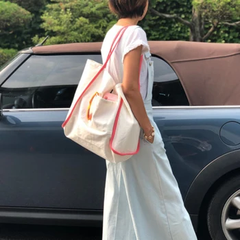 

high quality Canvas one shoulder large capacity contrast shopping bag Shoulder Messenger bag women handbag