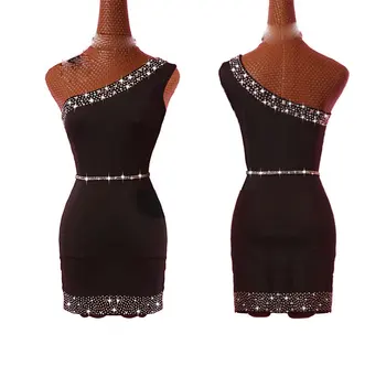 

Shiny Black Slanted Shoulder Sexy Latin Dance Dress Women High-end Custom Rumba Salsa Performance Skirt Female Dance Dresses
