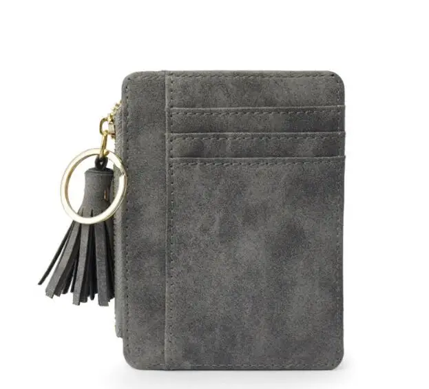 Тонкий кошелек на молнии с кисточками, с карманом для монет, тонкий женский кошелек, короткая сумка, маленькая сумка из искусственной кожи, держатель для кредитных карт, модный клатч - Цвет: Серый
