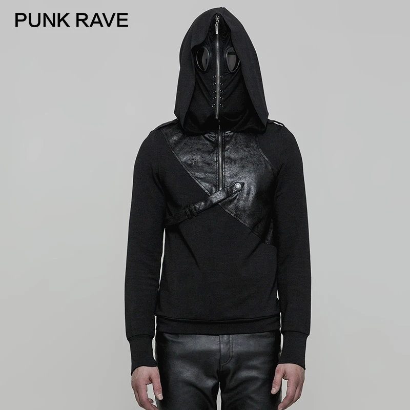 

PUNK RAVE Mens Hooded Steampunk Rock Double Hats Pullover Mask Cotton with PU Leather Belts Hip Hop Hooded