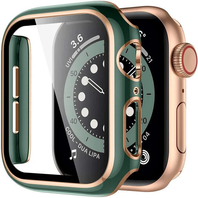 Full Screen Protector Bumper Frame Case for Apple Watch 6/SE/5/4/3/2/1 Cover Slim Tempered Glass Film for iWatch 4/5 Green rose gold