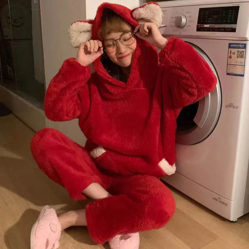 Flannel Padded Pajamas Set Women Plus Velvet Round Neck Sweet Cute Cartoon Pig Head Autumn And Winter Home Service Suit