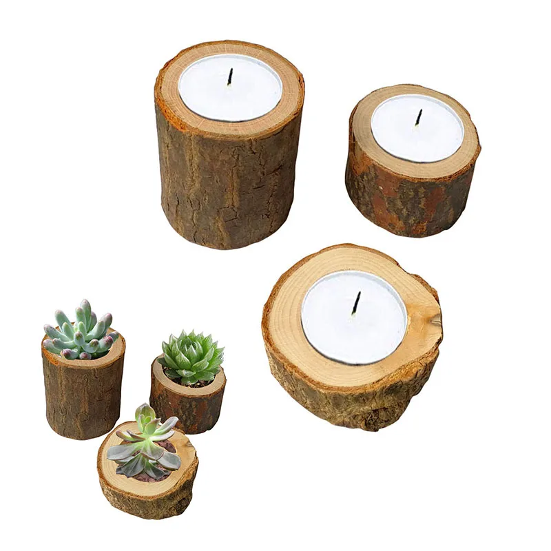 

Rustic Bark Candlestick Wooden Candle Holders Stand Succulent Planter Pot Wedding Party Christmas Home Bar Garden Decoration