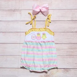 Vêtements d'été pour filles, barboteuse sans manches jaune à rayures de couleur, motifs brodés d'œufs de pâques et de poussins pour bébés 