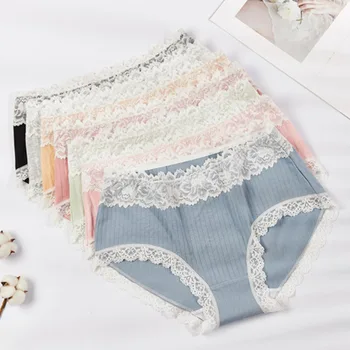 

Comfortable Cotton Plus Size Underwear Women Breathable Elasticity Intimates Lingerie Sexy Seamless High Waist Lace Side Panties