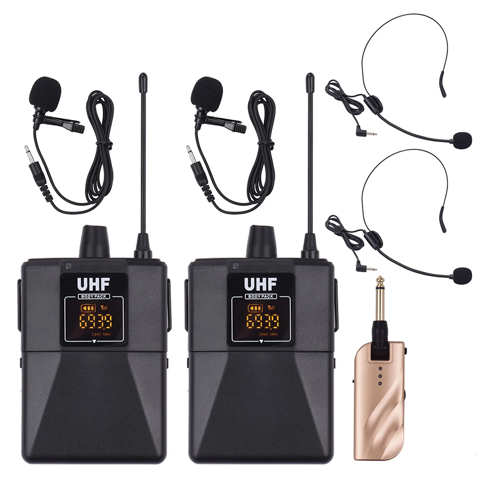 

UHF Dual-Frequency Wireless Microphones Set with 1 Receiver 2 Transmitter 2 Lavalier Mic 2 Headset Mic for Meeting Performance