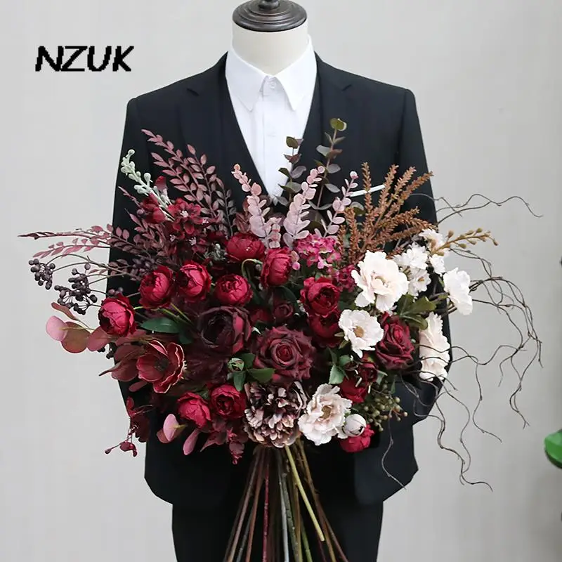 

NZUK Burgundy Silk Flower Wedding bouquet Artificial Rose Bridal Bouquet Bride Leaves Brooch Bouquet Mariage flores Accessories