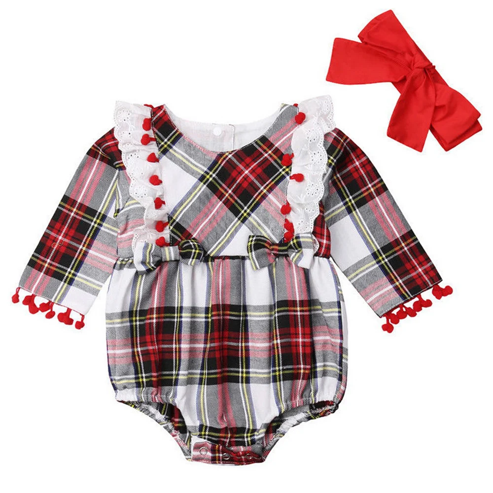 

Newborn Baby Girls Ruffle Bodysuit Headband Toddler Girl Plaid Bowknot Tassel Jumpsuit Casual Long Sleeve Bodysuit Outfits D30