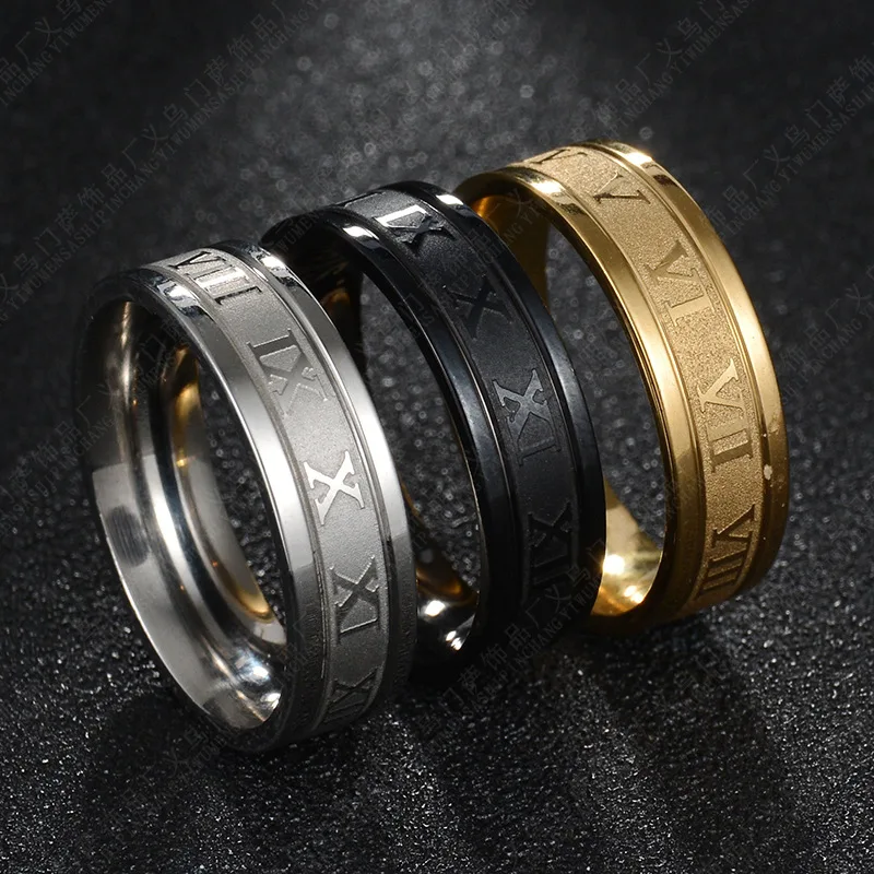 6 мм римские цифры золотого цвета черные мужские и женские кольца 316L из нержавеющей стали пара колец Прямая