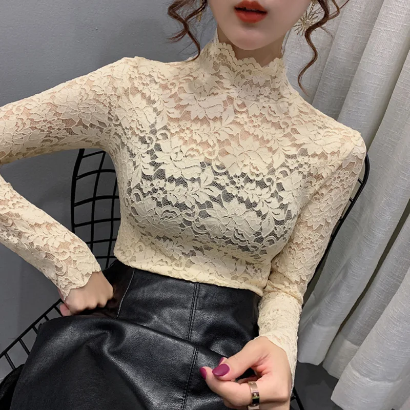 Sexy Women Mesh Lace Base Shirt Long Sleeve Transparent Undershirt Net Hollow Out Bottoming Shirt Half Turtleneck Tops Base