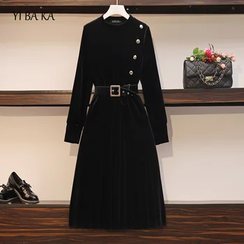 

plus size 4XL women pleated dress long sleeve o neck slim A line autumn winter long dress elegant vintage button female dress