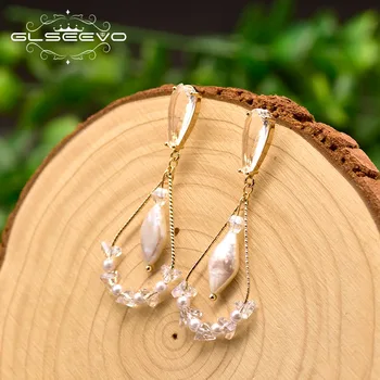 

GLSEEVO Natural Fresh Water White Pearl Geometric Drop Earring For Women Girl Wedding Gift Handmade Fine Jewelry GE0821
