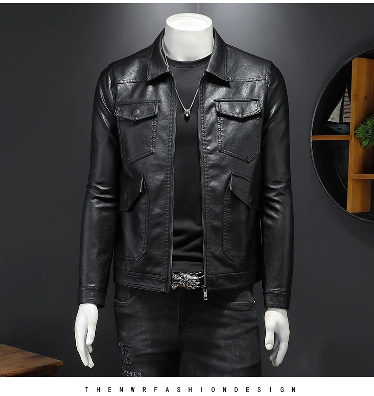 leather biker jacket mens 2021 autumn and winter new multi-pocket leather coat men's fashion tooling style large size 4XL leather jacket motorcycle jacket men's leather jacket