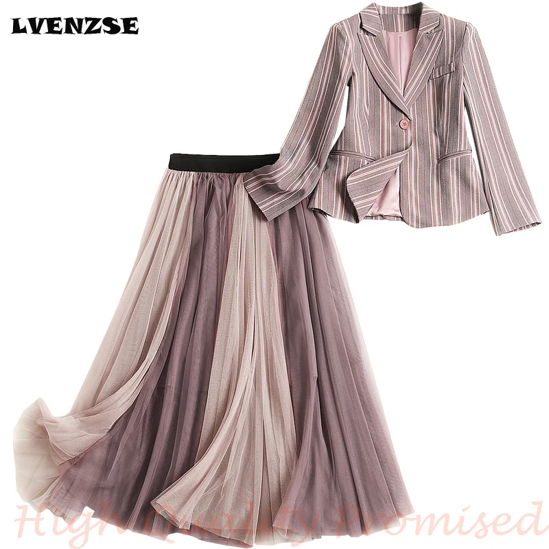 

LVENZSE Women Skirt Suit 2019 Early Autumn New Tide Two-piece Set of Skirt Suit Female Notched Blazer Skirt Set Office Uniforms