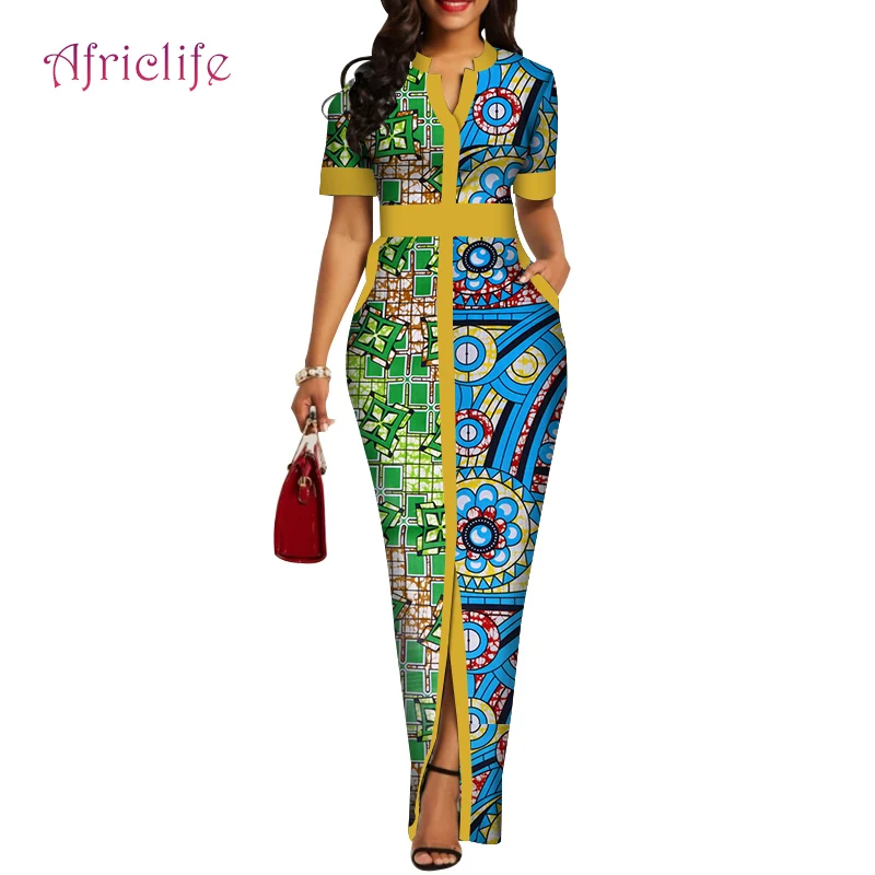 Заводская цена, высокое качество, летнее женское длинное платье с v-образным вырезом, тонкая африканская одежда для женщин, юбка с коротким рукавом, одежда WY4424 - Цвет: 14