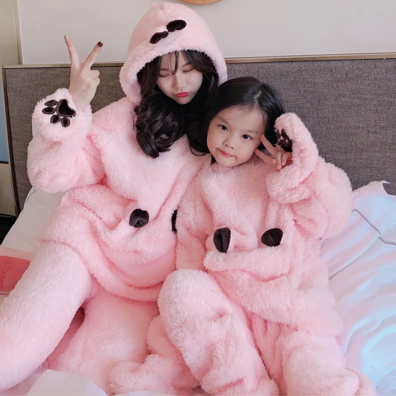 

Women's Warm Flannel Velvet Pajama Cute Carton Mom-Child Winter Homewear Set Thicken Long Vleeve Leisure Home Sleepwear M-XXL