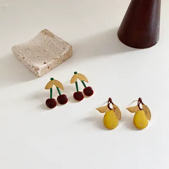 

AOMU 1Pair Korea Cute Metal Dripping Glaze Cherry Pear Small Stud Earrings for Women Fruit Enamel Earring Jewelry