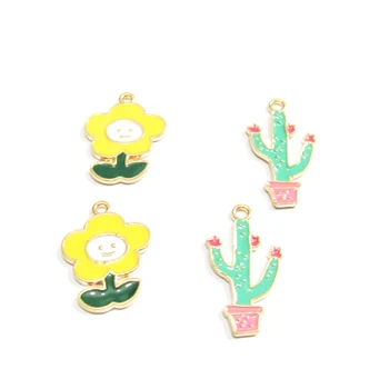 

Newest 30pcs/lot Full Enamel Small Sunflower/Cactus Charms For DIY/Hand Made Jewelry Making