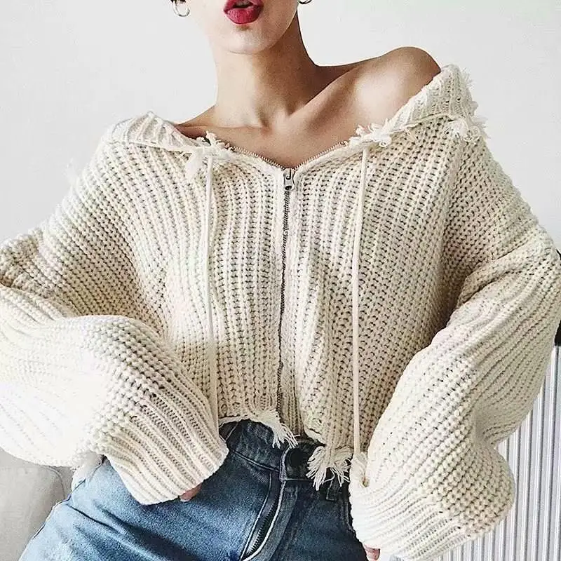 Best Price Patchwork Hooded Collar Knitting Sweaters Women Long Sleeve Tassel Sweater Lace Up Irregular Sexy Cardigans Female