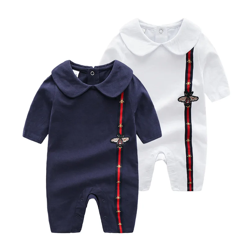 

High Quality Customization Newborn Baby Clothes Suit Bee Embroidery Peter Pan Collar Baby Gentleman Romper Infant Baby Jumpsuit