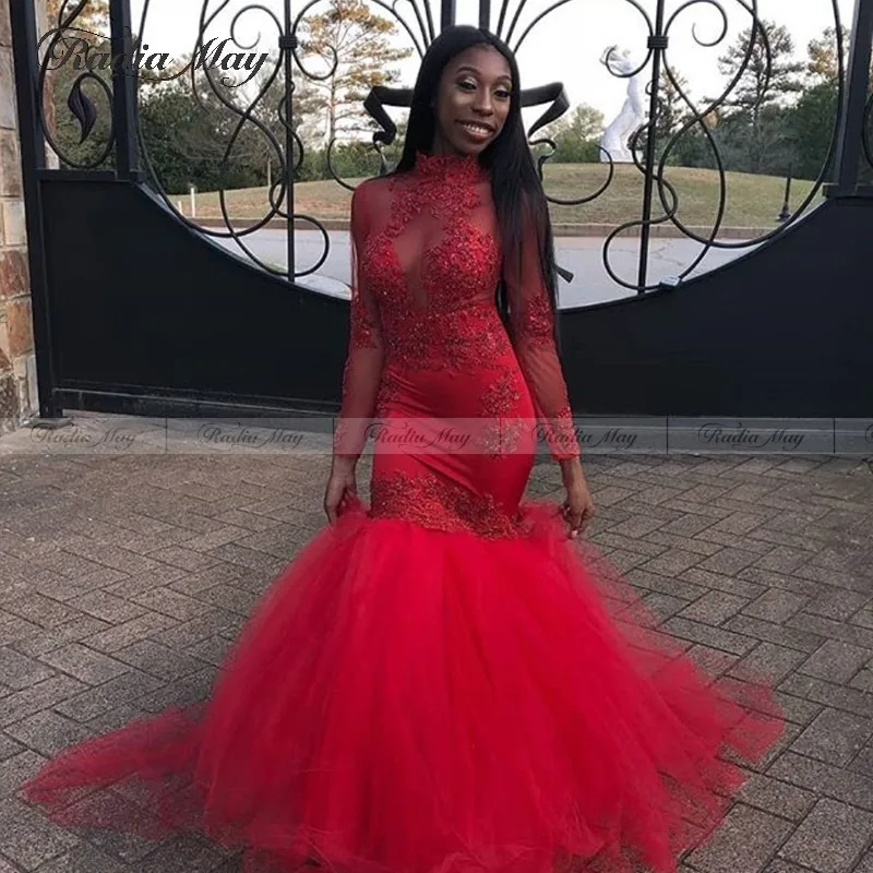 Sexy See Through Long Sleeve Mermaid Prom Dresses For Black Girls High Neck Lace Beaded Evening Dress With Long Train Gowns