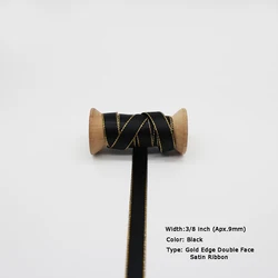 Elegant Black Grosgrain Ribbon with Gold Edge - 5 Meter Roll for DIY Crafts and Gift Wrapping (9mm Satin Gold)