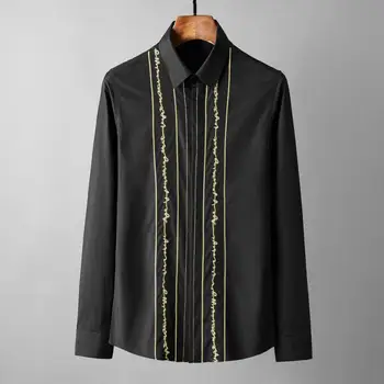 

New Cotton Mens Shirts Luxury Gold Stripe Embroidery Long Sleeve Mens Dress Shirts Fashion Slim Fit Party Male Shirts 5XL