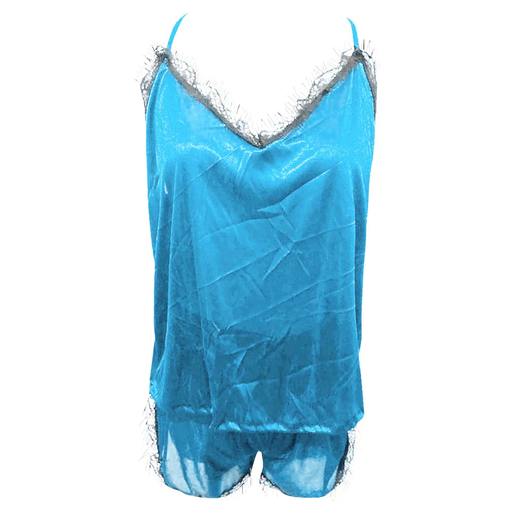 Женская пижама, пижамные комплекты, без рукавов, на бретельках, с кружевной отделкой, Атласный топ на бретельках, ночное белье, женская сексуальная летняя Домашняя одежда, одежда для сна# L20