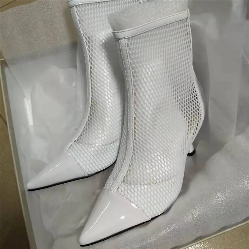 

Cutouts Mesh Ankle Boots Woman Summer Pointed Toe Strange Style High Heels Shoes Women Booties Back Zip Black White Sandal Boots