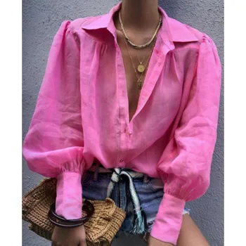 

Vintage Puff Sleeve OL Blouse Women Long Sleeve V-neck Casual Ladies Harajuku Tops Shirts 2020 New Fashion