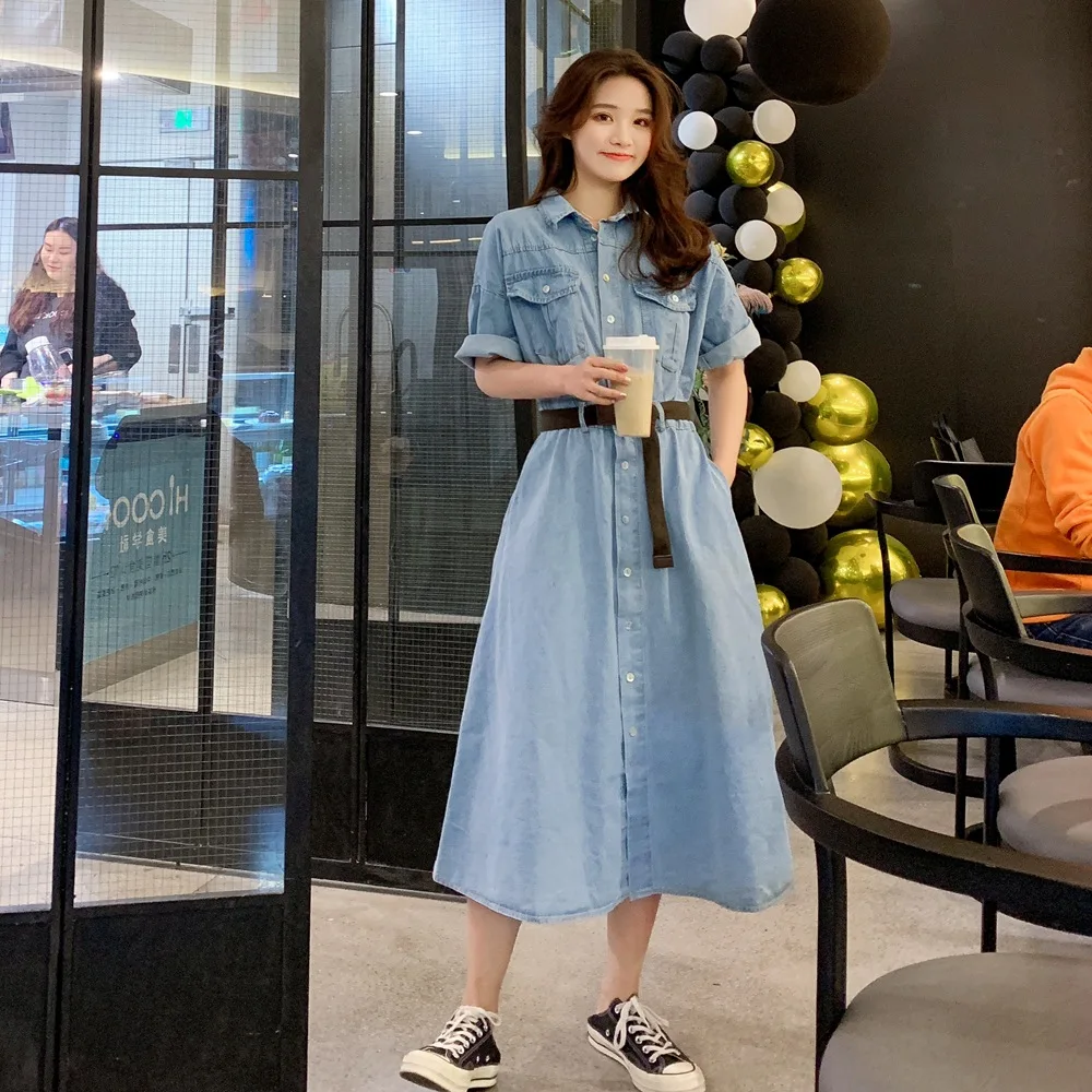 

Photo Shoot 2019 Summer New Style WOMEN'S Dress Korean-style Fashionable Denim Skirt Retro CHIC-Style Waist Hugging Lace-up Dres