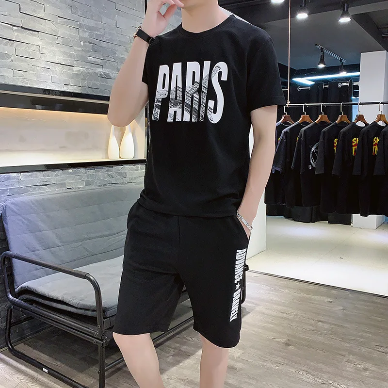 

2020 Men Clothing Casual Set Fashion 2 Pc Sweat Suit Short Sleeve T-shirt Shorts Sets Male Sportswear Tracksuit Summer Sportsuit