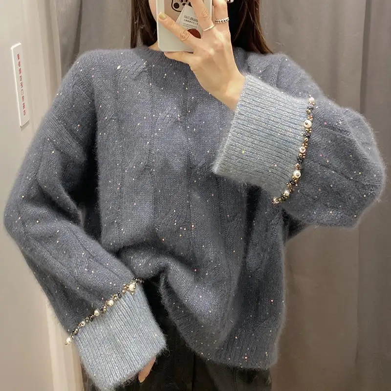 

Beading Long Sleeve Sweater Women 2023 Winter O Neck Thick Warm Twist Soft Knitted Jumper Female Knitted Tops Lady Pullovers