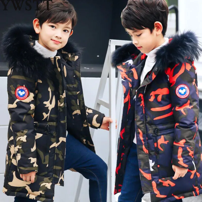 

Children Winter Thick Jacket Natural Fur Long Coat For Kids 2019 Duck Boys Camouflage Down Jacket Medium Hooded Outerwear