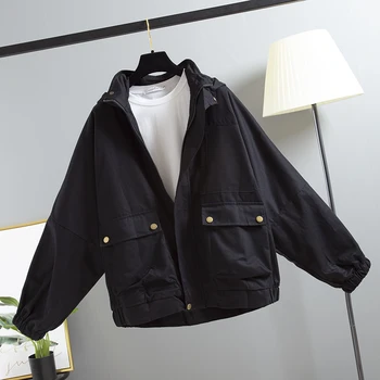 

Korean Loose Big pocket Windbreaker Women 2020 Spring New Plus size Zipper Hooded Tooling Trench Coat Student Basic Outerwear