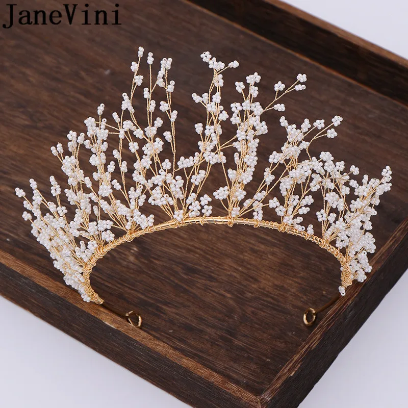 

JaneVini 2020 Pearl Wedding Tiaras and Crowns for Brides Boho Baroque Women Wedding Party Prom Gold Bridal Hairband Headpieces