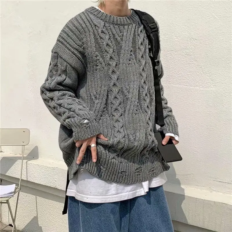 Chunky Knit Sweater Winter Grey Cable Knit Jumper Warm Jumper Oversized Sweaters Men Knitted Sweater Pullover Woolen Tops 2022