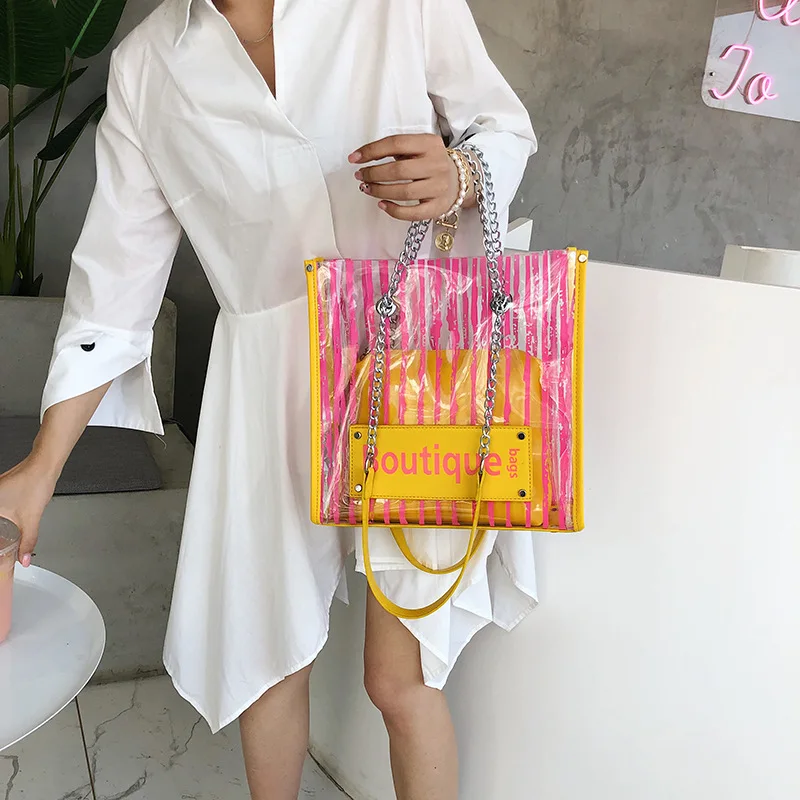 

Ins transparent bag 2019 Korean color beach tote bag chain handbag