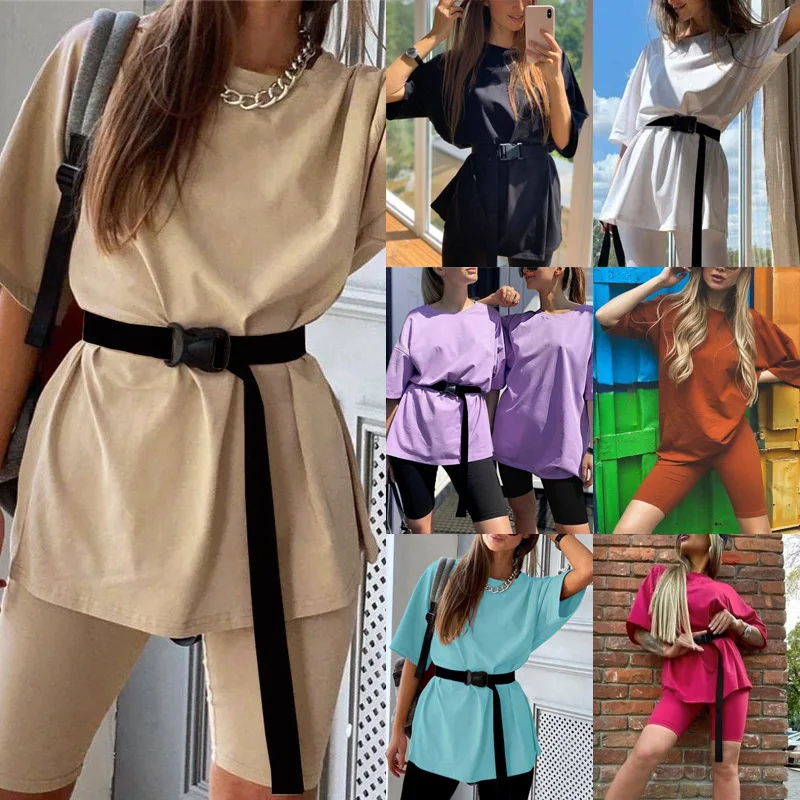 

Womens 2 Piece Sets Casual Home Loose T-shirt+Elastic Tight Sports Pants Suit Waistband Two Piece Set Top and Pants with Belt