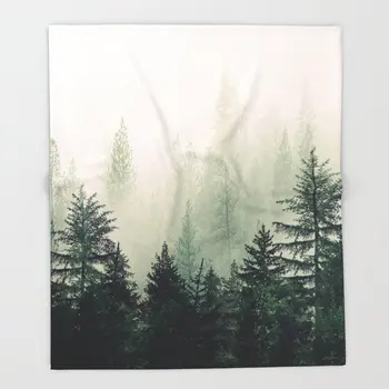 

Portable Flannel Blanket Green Plant Foggy Pine Trees Throw Blanket Comfortable and Soft Sheets Sofa Warm Blanket