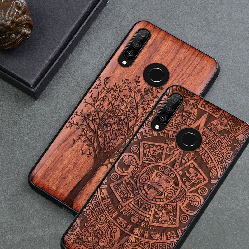 Резной деревянный чехол для Huawei P30 Lite противоударный из ТПУ Бампер корпус